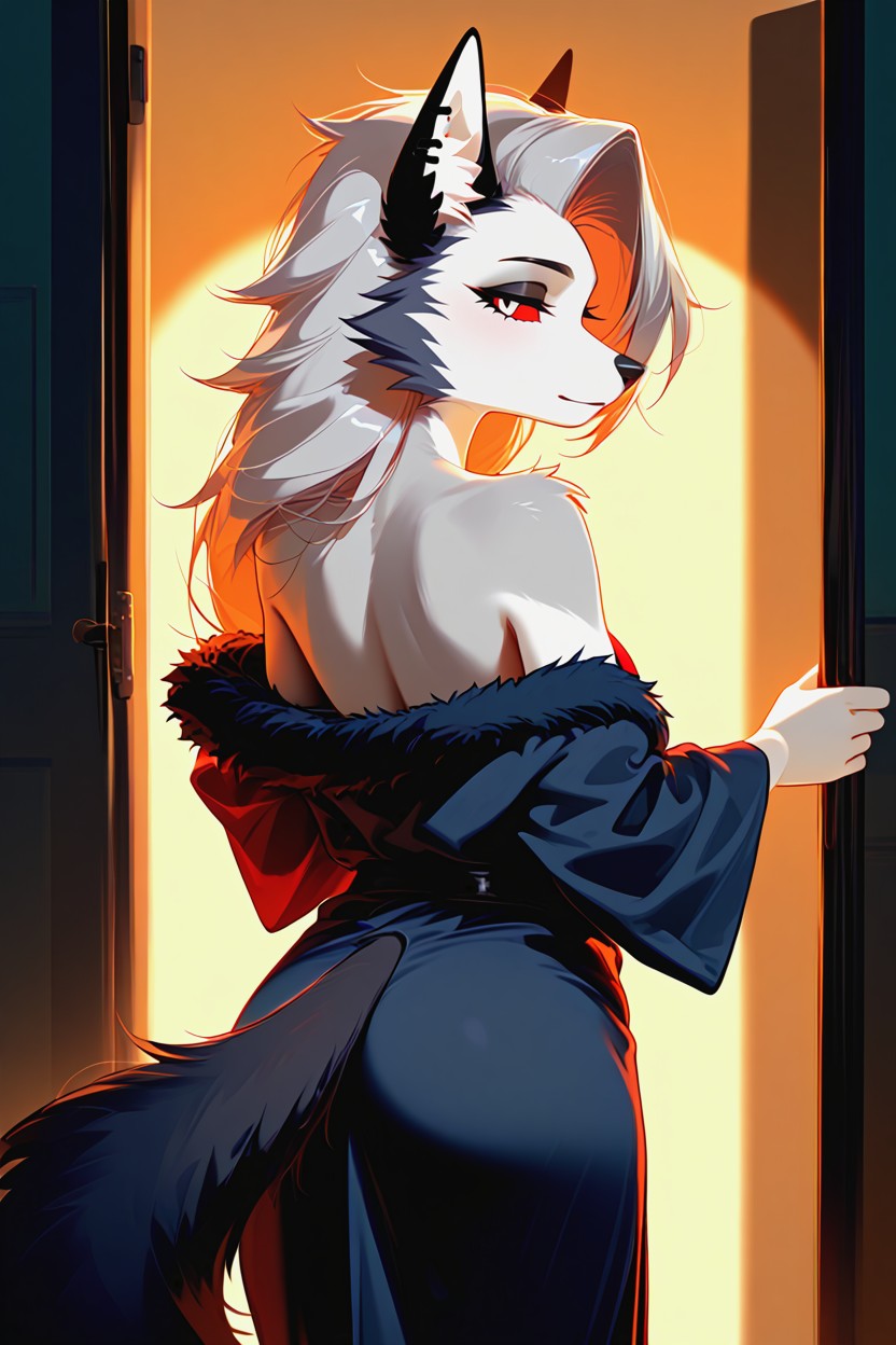 Smooth Fur Transitions, Slightly Elongated Pointed Muzzle, Rear View Furry AI Porn
