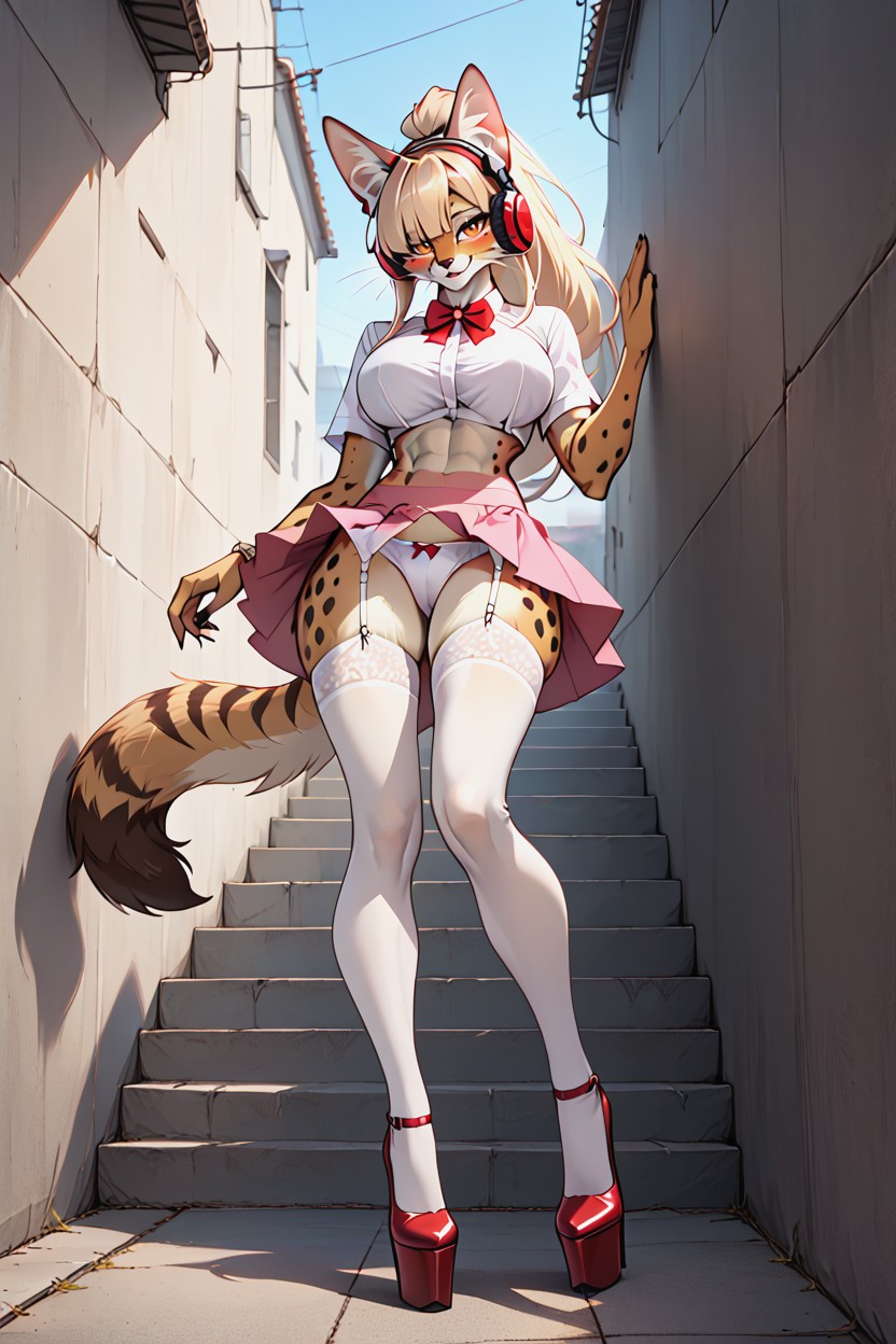 Beautiful Face, Leaning On A Wall, Huge Round Breast Furry AI Porn