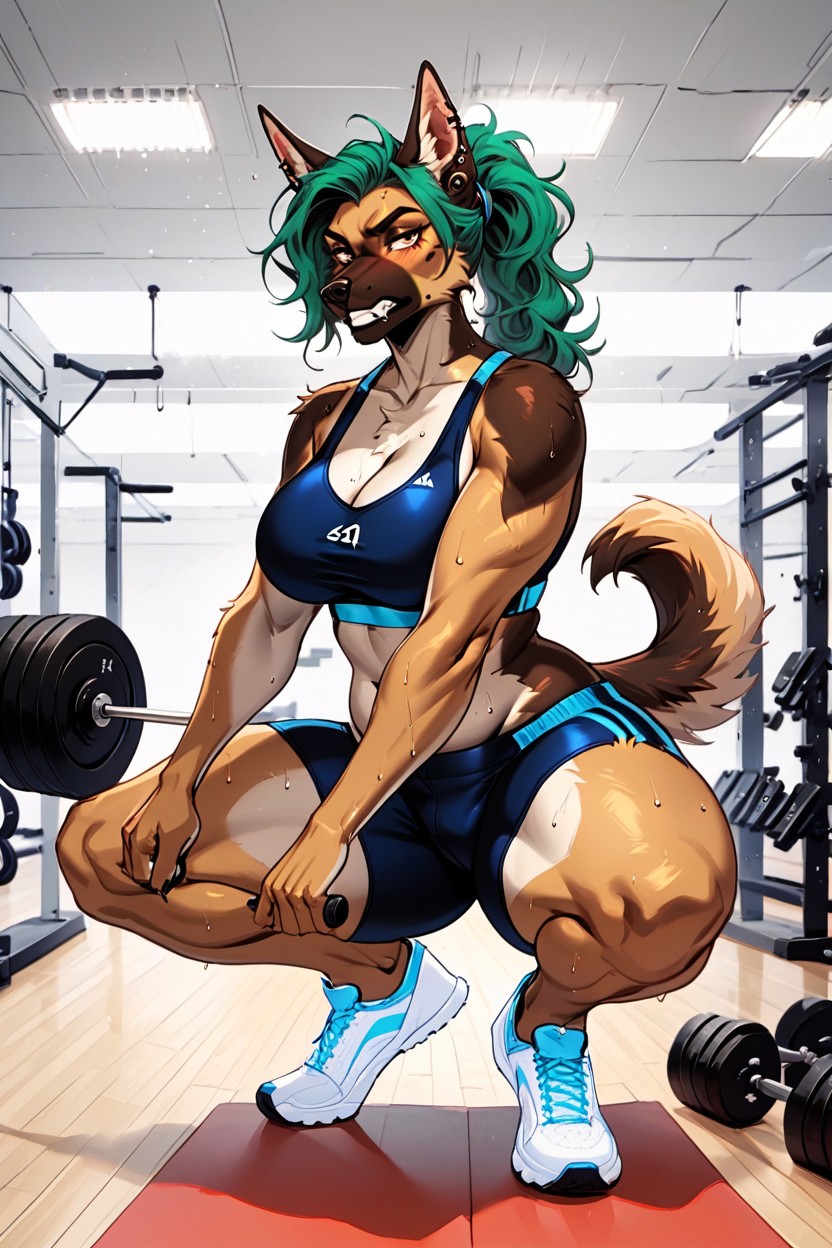 Pierced Ears, Lifting Weights, Gym Furry AI Porn