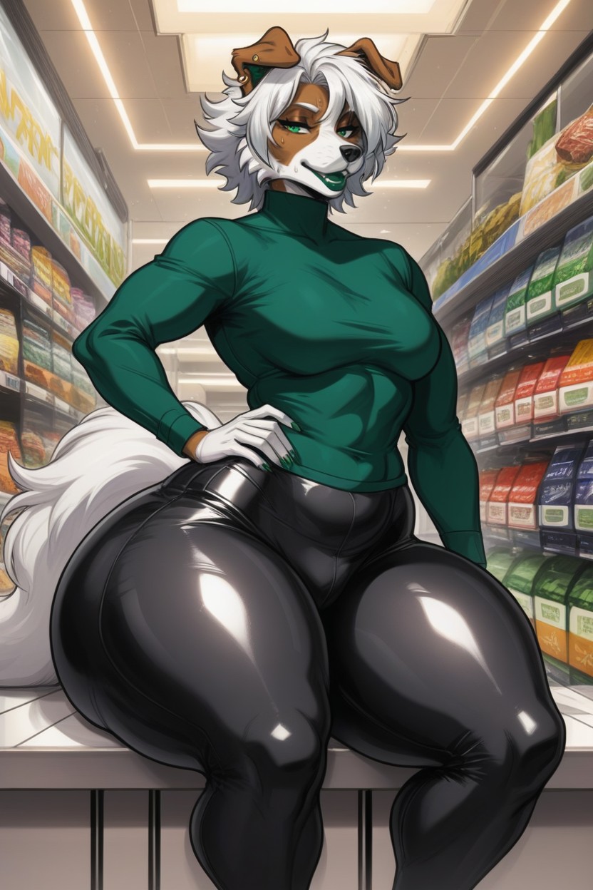 Full Lips, Shiny Dark Green Lips, Ear Piercing Furry AI Porn