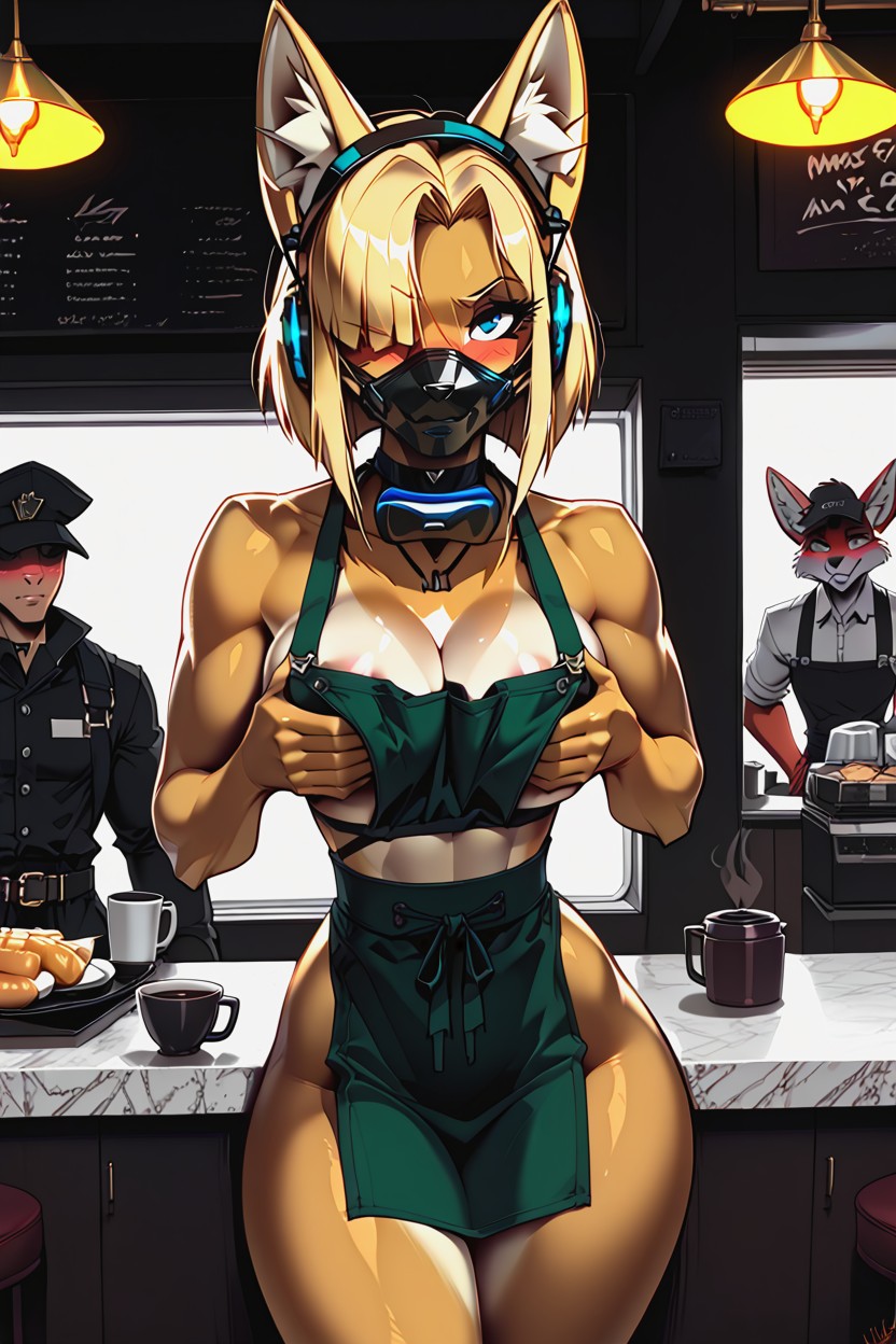 Dark Green Apron, Blushing, Bending Over Viewer Furry AI Porn