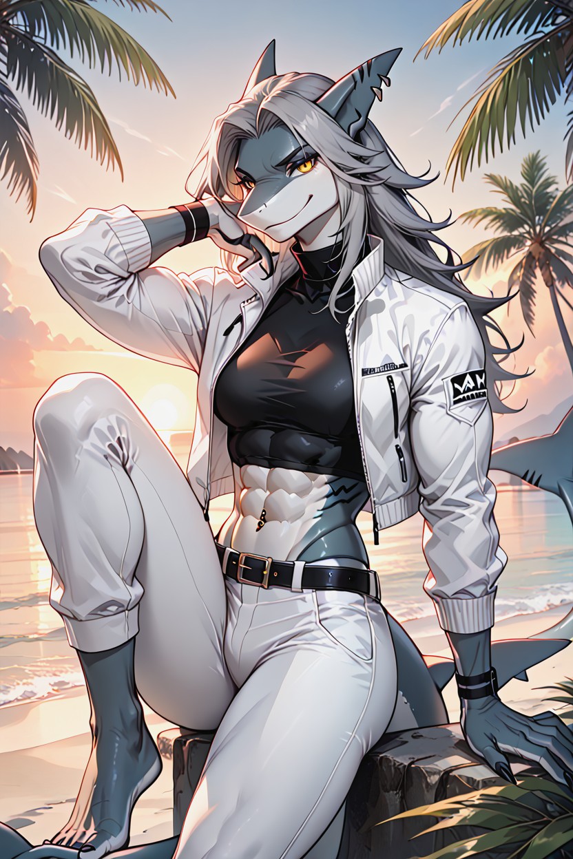 Dark Grey Hair, Muscular, Black Earlobe Piercing Furry AI Porn