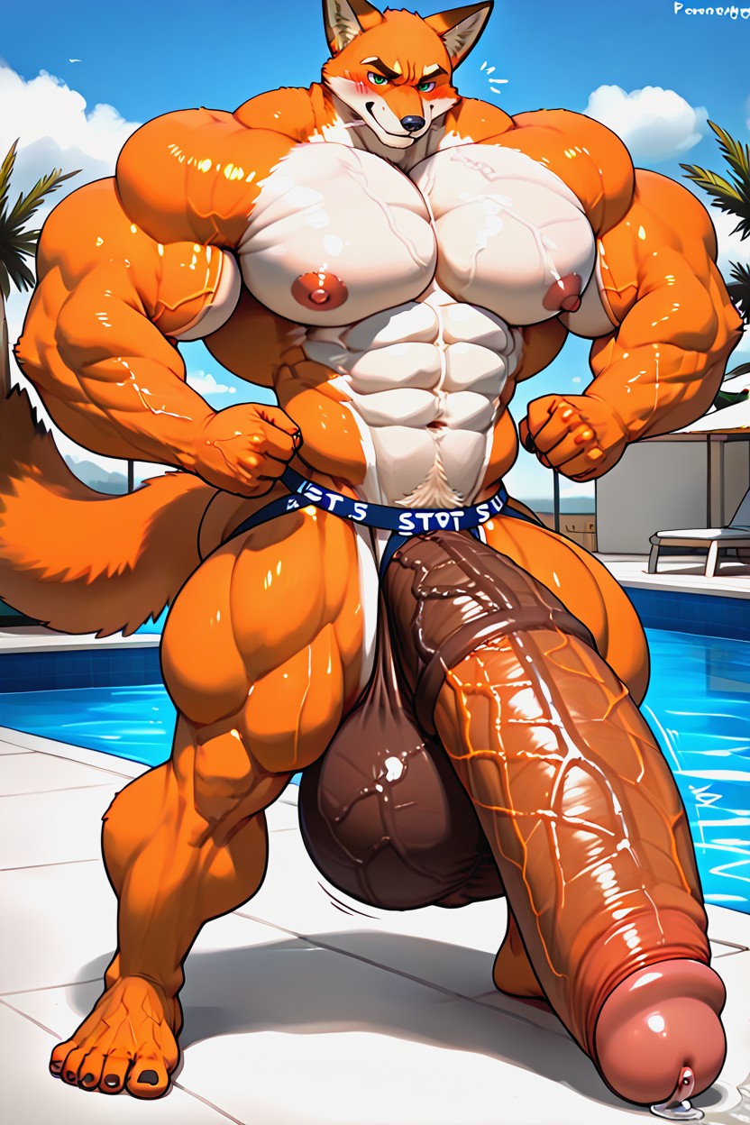 Balls Dragging On The Ground, Naked, Hyper Muscular Thighs Furry AI Porn