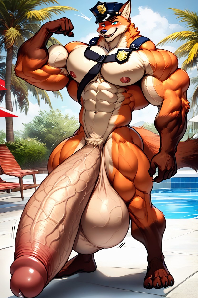 Humungous Long Cock, Erect, Poolside Furry AI Porn