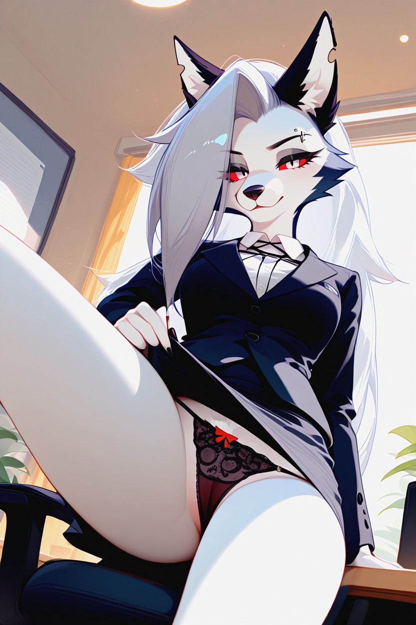 Clean Polished Linework, Office, Red Eyes With Bold Eyeliner Furry AI Porn