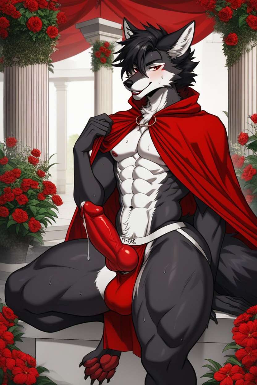 Red Flowers, Masculine Wolf, Dark Red Jockstrap Furry AI Porn
