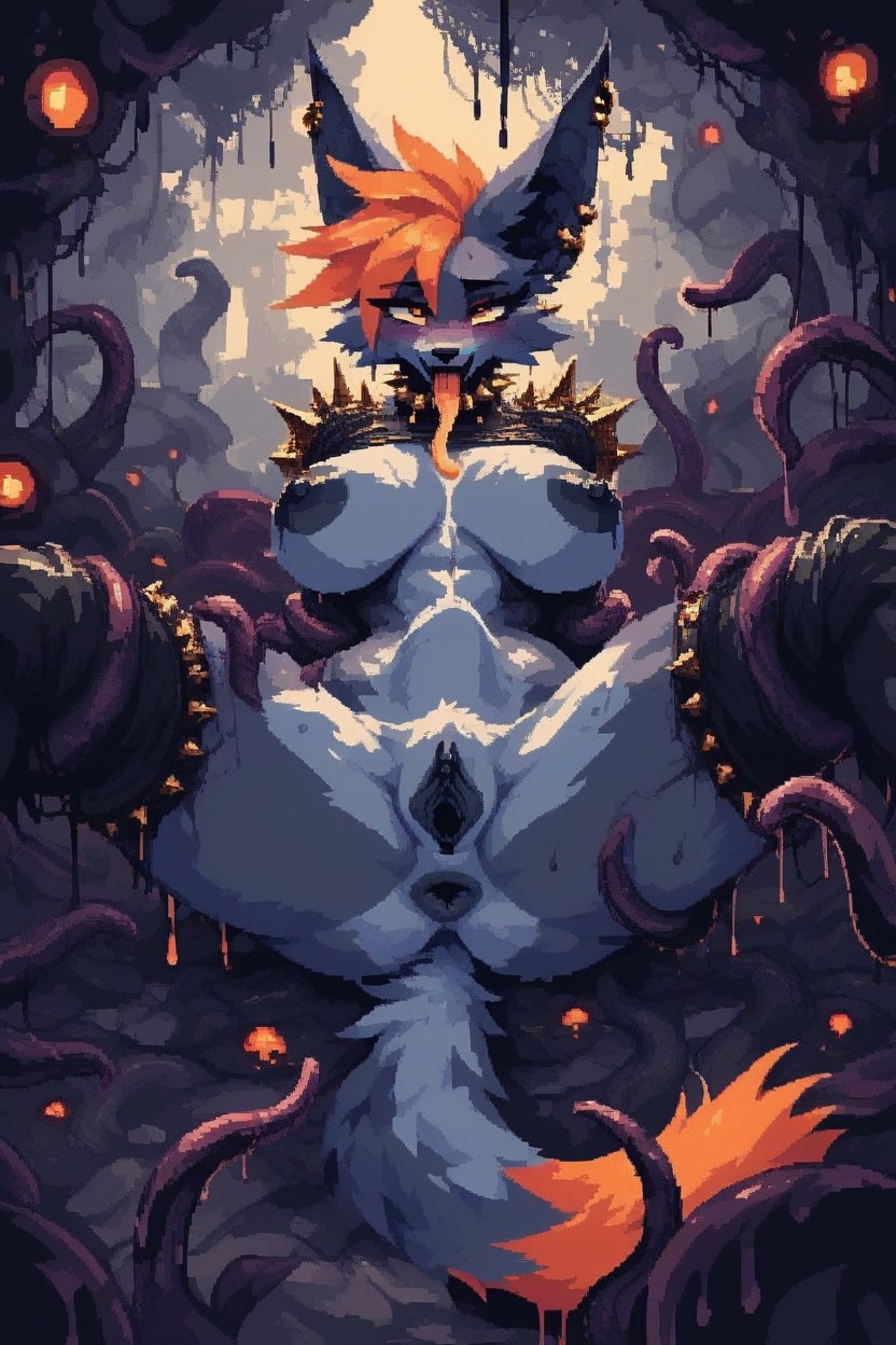 Bright Orange Hair, Possession, Black Spiked Punk Choker Furry IA