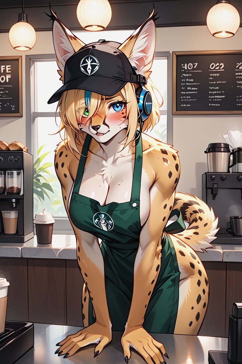 Blonde Hair With Blue Highlights, Waist, Dark Green Apron Furry AI Porn
