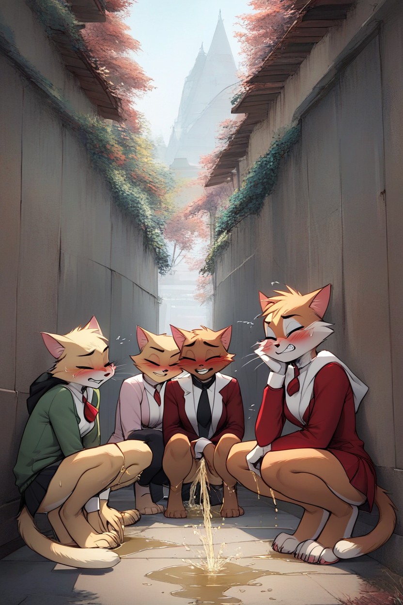Blushing, Group Of Females Cats, Pee Everywhere Furry IA