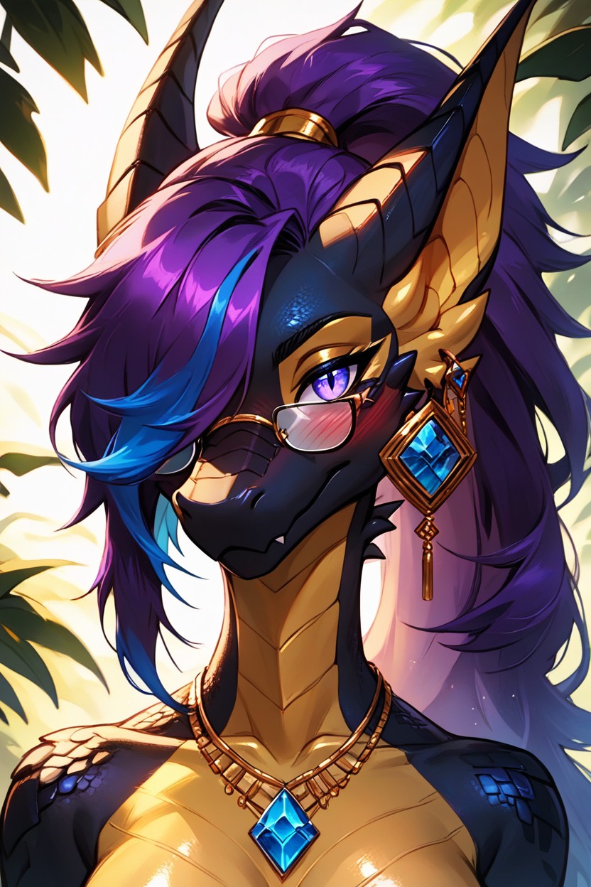 Ponytail, Purple Hair With Blue Highlights, Perfect Figure Furry AI Porn