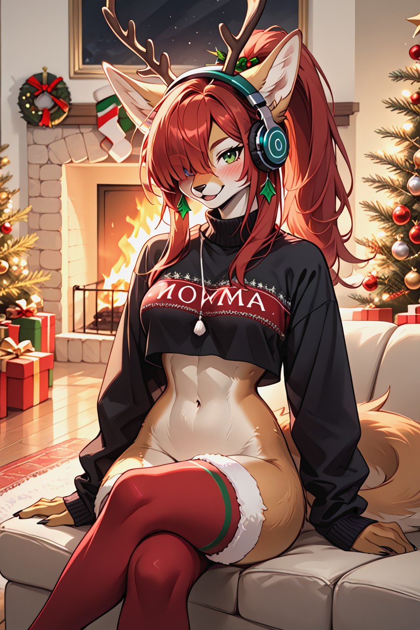 Naked, Exposed Navel, Garland Caught In Antlers Furry AI Porn