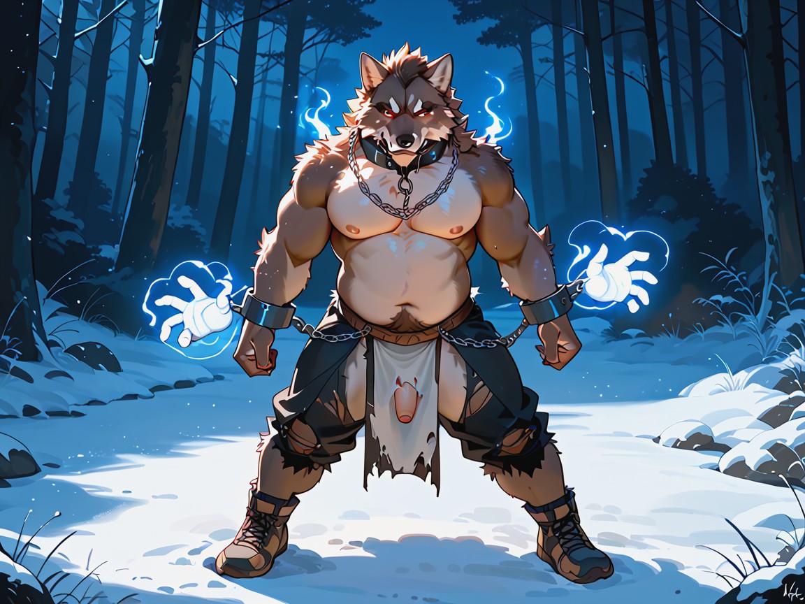 Dark Dense Forest, Fat Bodybuilder, Thick Fuzzy Arms Fur Furry IA