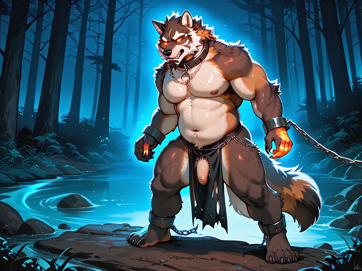 Giant Wolf, Night Time, Chubby Furry AI Porn