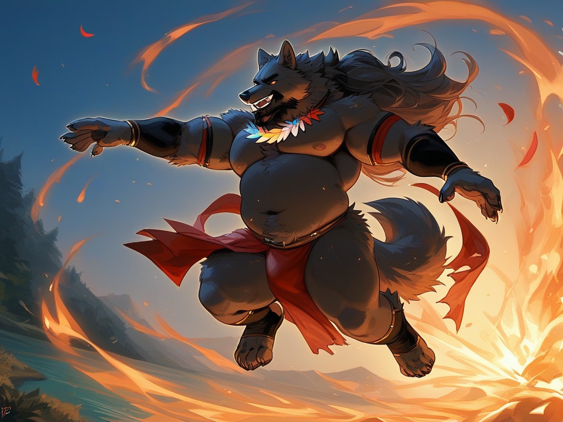 Red Gold Flame, Beefy, Glowing Runes Furry AI Porn