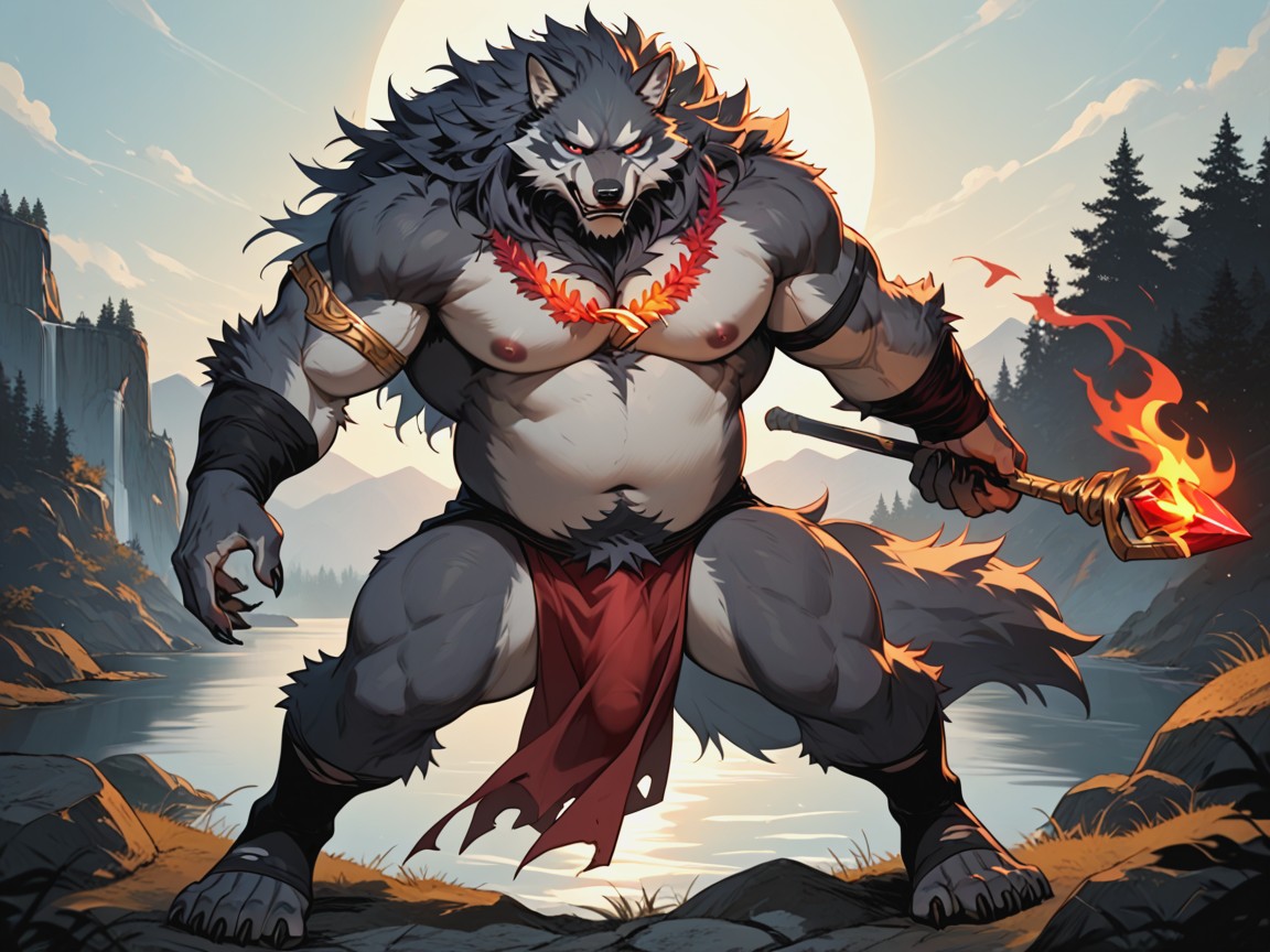 Round Belly, Holding Staff, Beefy Furry AI Porn