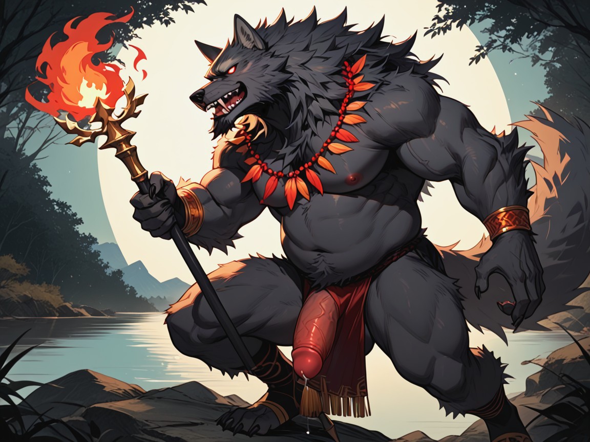 Giant Wolf, Dynamic Stance, Beefy Furry AI Porn