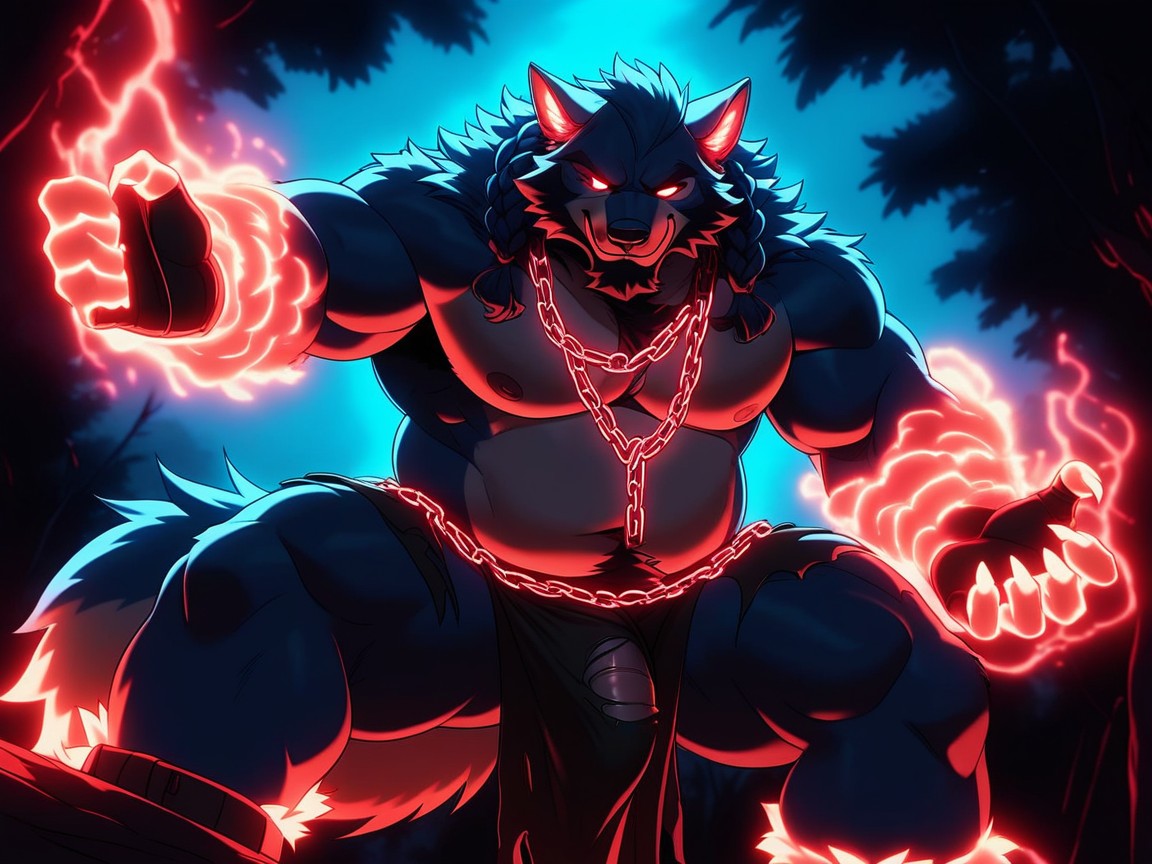 Glowing Red Eyes, Braided Beard, Penis Under Cloth Furry IA
