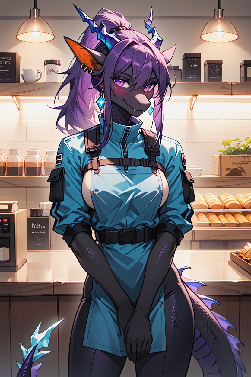 Utility Straps, Dark Blue Apron, Embarrassed Furry AI Porn