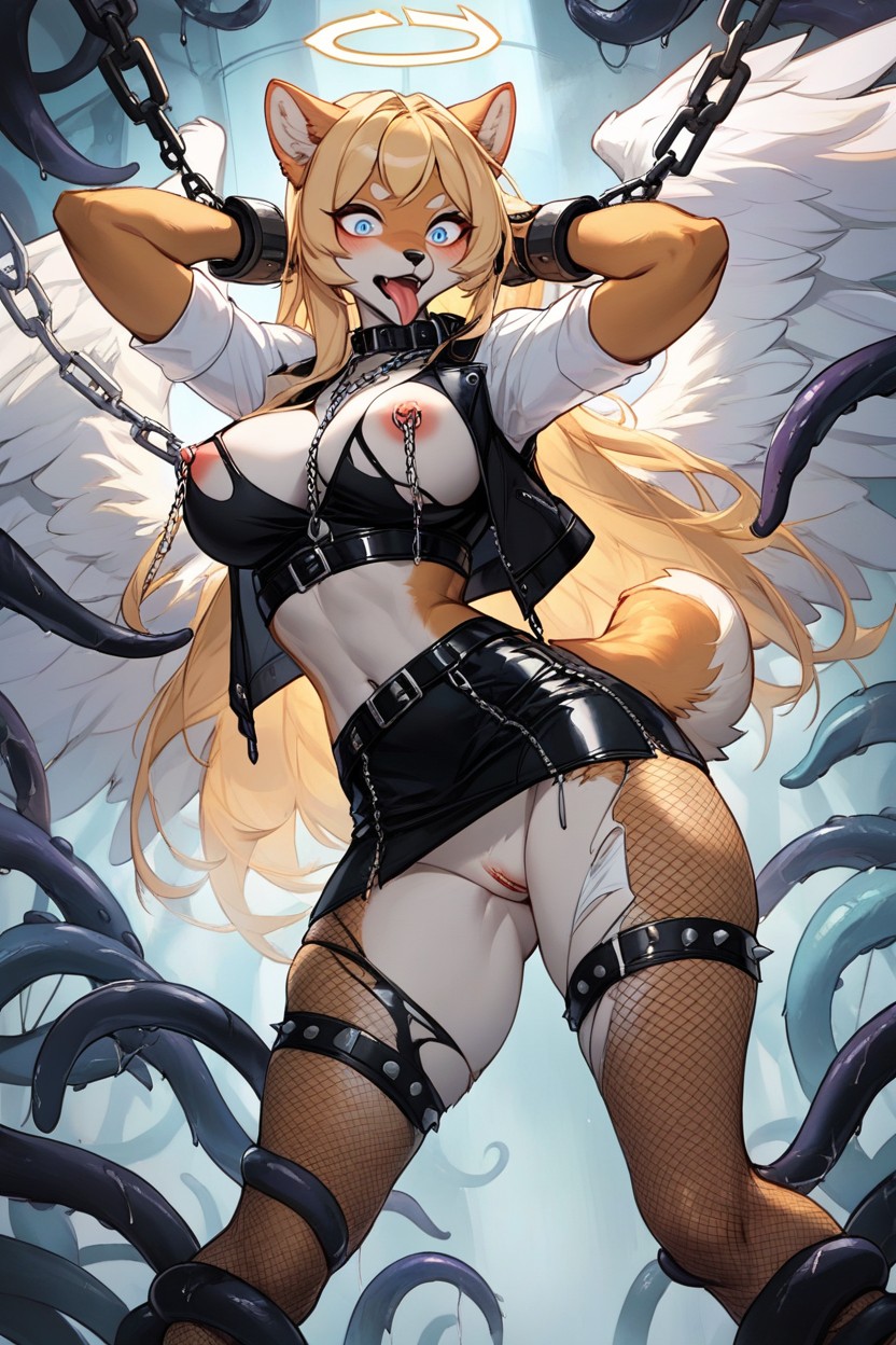 Torn Clothes, Female Shiba Inu, Nipple Chains Furry AI Porn