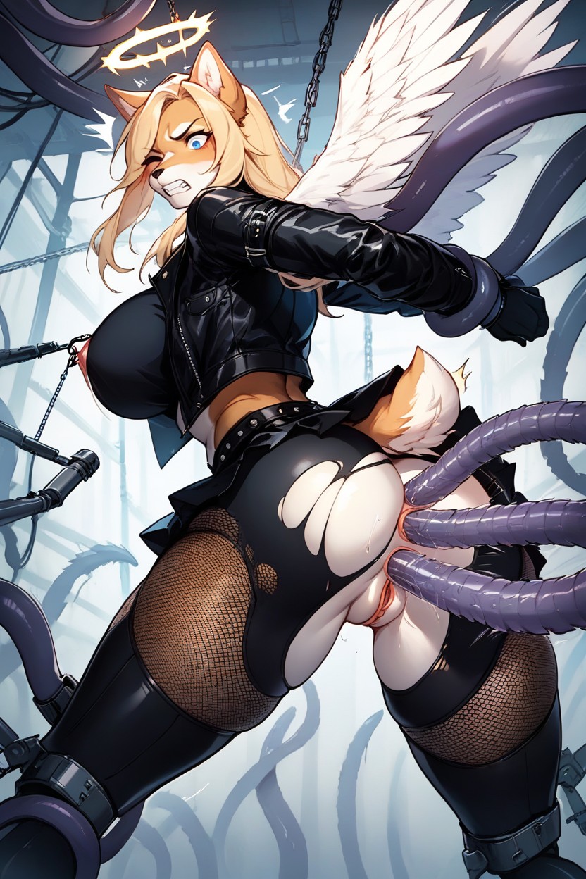 Kneeling, Wearing Black Leather Vest, Shocked Furry AI Porn