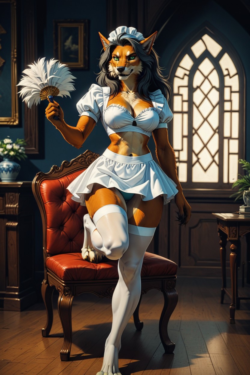 Hind Paws Visible, Extremely Skirt, Green Eyes Furry AI Porn