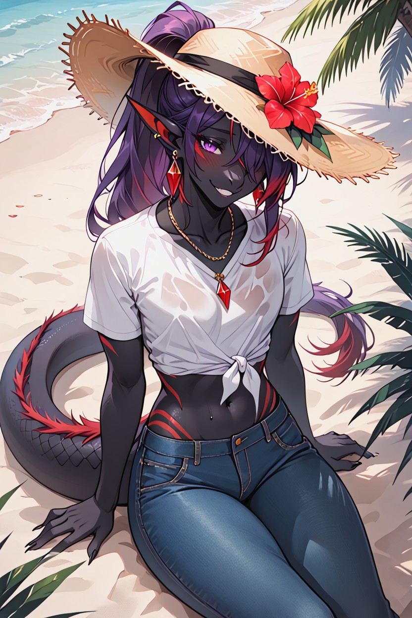 Tropical Beach, Sitting On Sand, Big Ears Furry AI Porn