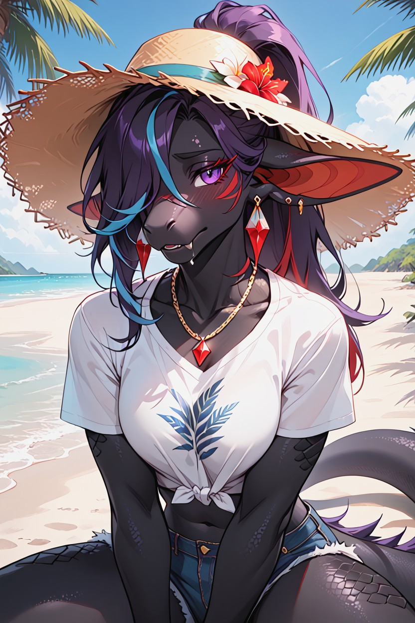 Manthro, Sitting On Sand, Fluffy Tail Furry AI Porn
