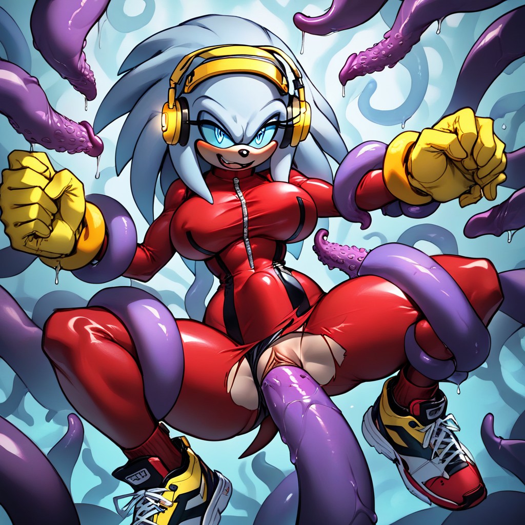 Blue Eyes, Underwear Over Red Latex Suit, Infested Laboratory Background Furry AI Porn