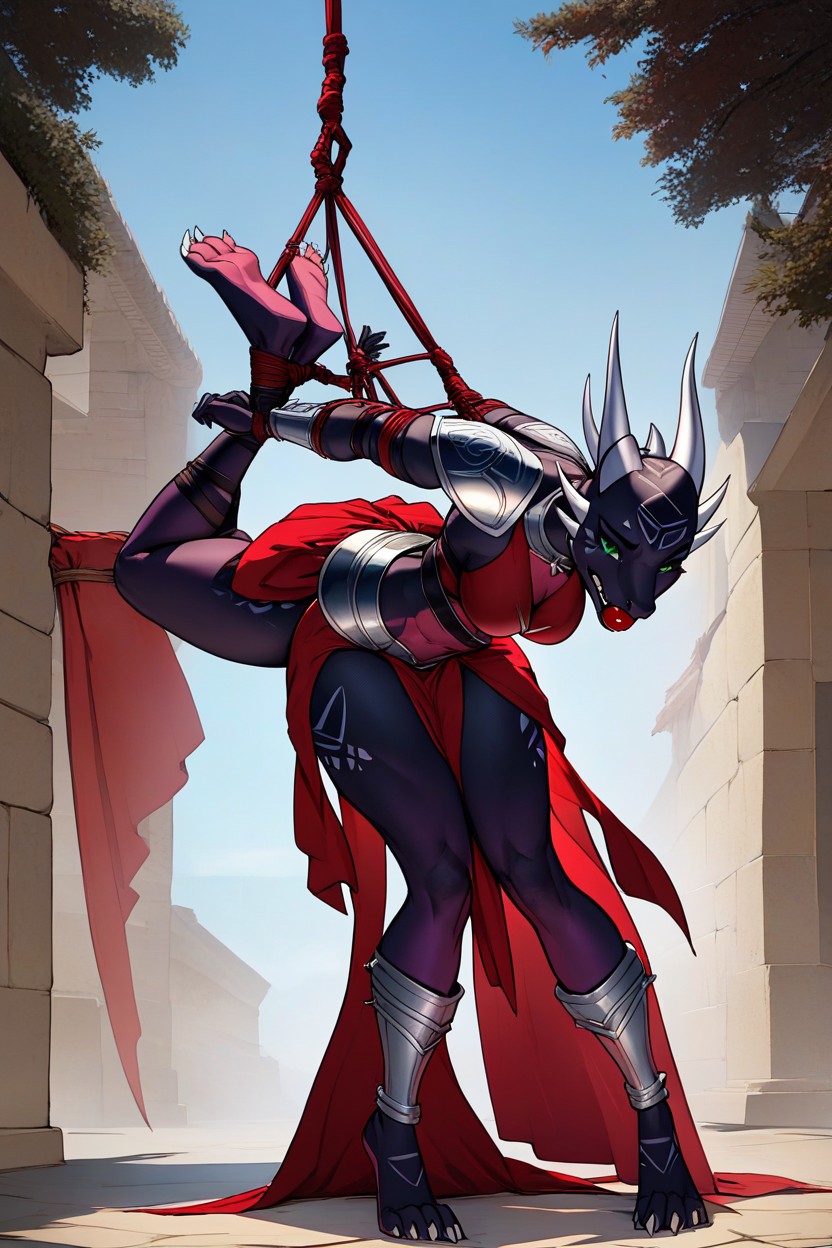Armor, Legs Tied Closely To Body, Red Gladiator Skirt Furry AI Porn
