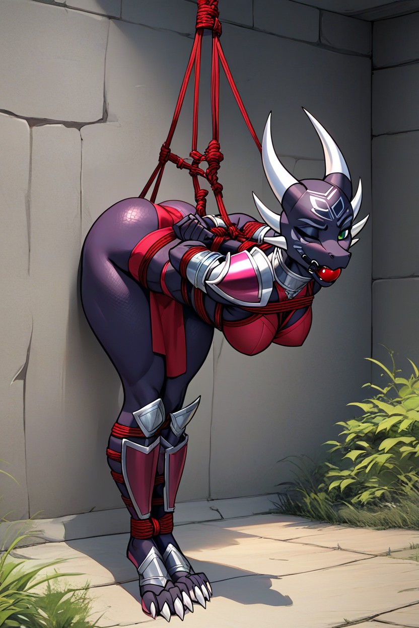 Ankles To To Wrists, Silver Waist Armour, Legs Pulled Up Furry AI Porn