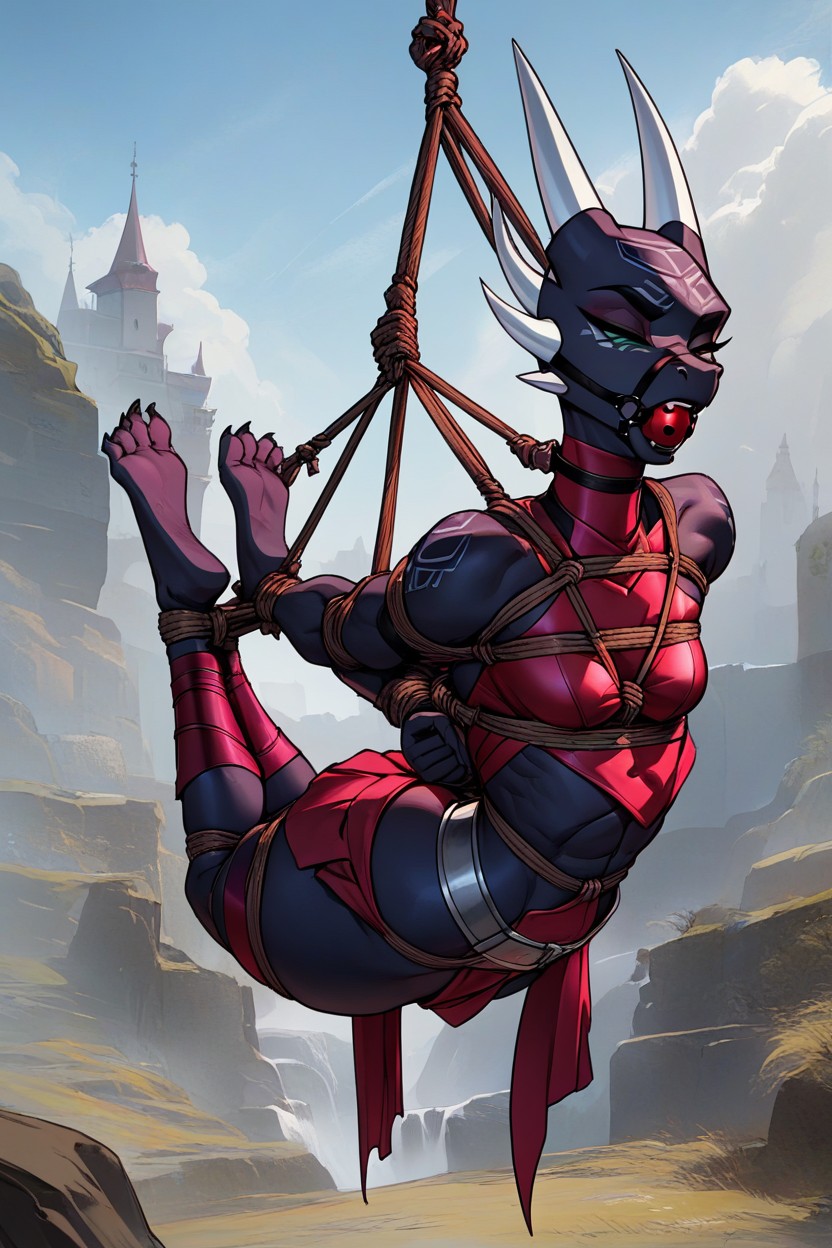 Behind Back, Red Gladiator Skirt, Knees Bent Furry AI Porn
