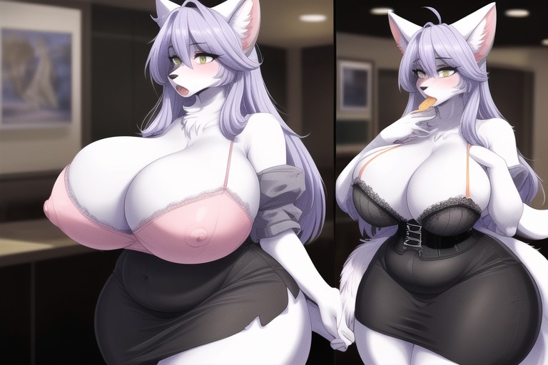 Absurdly Exaggerated Ultra-mega Fat Breasts, Cleavage, Standing Eating Snacks At The Office Furry AI Porn