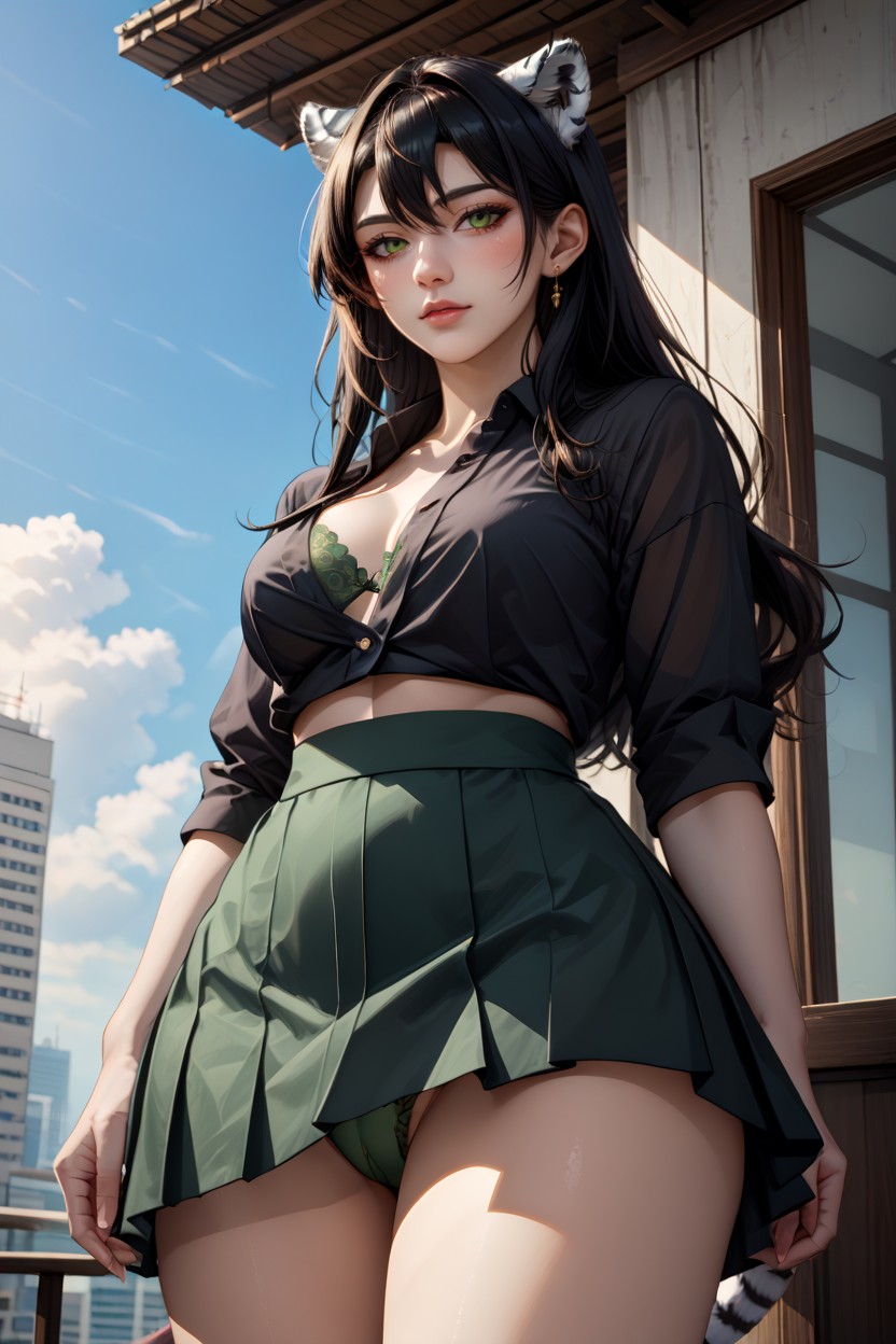 Only Cat Ears, Long Black Hair, Covered Vagina Porno IA Furry