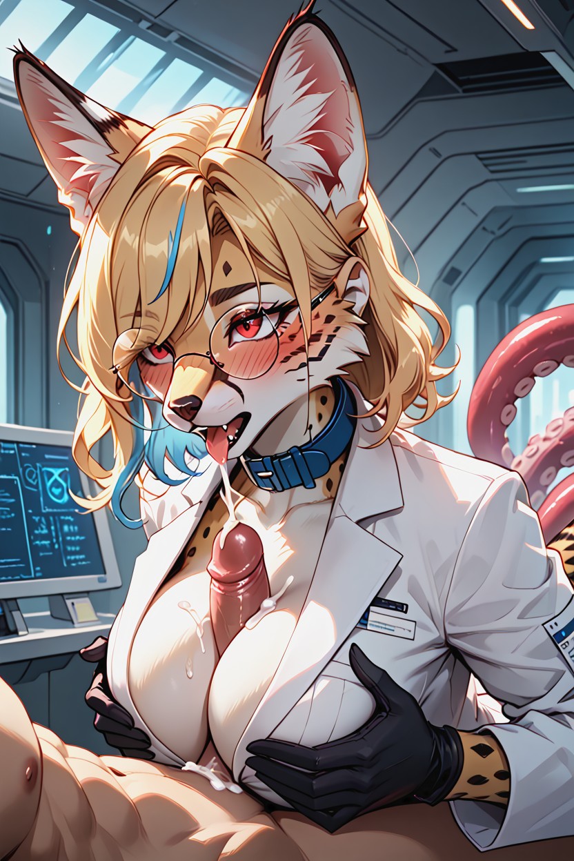 Large Ruby Red Eyes, Red Face Stripes, Detailed Hands Furry AI Porn