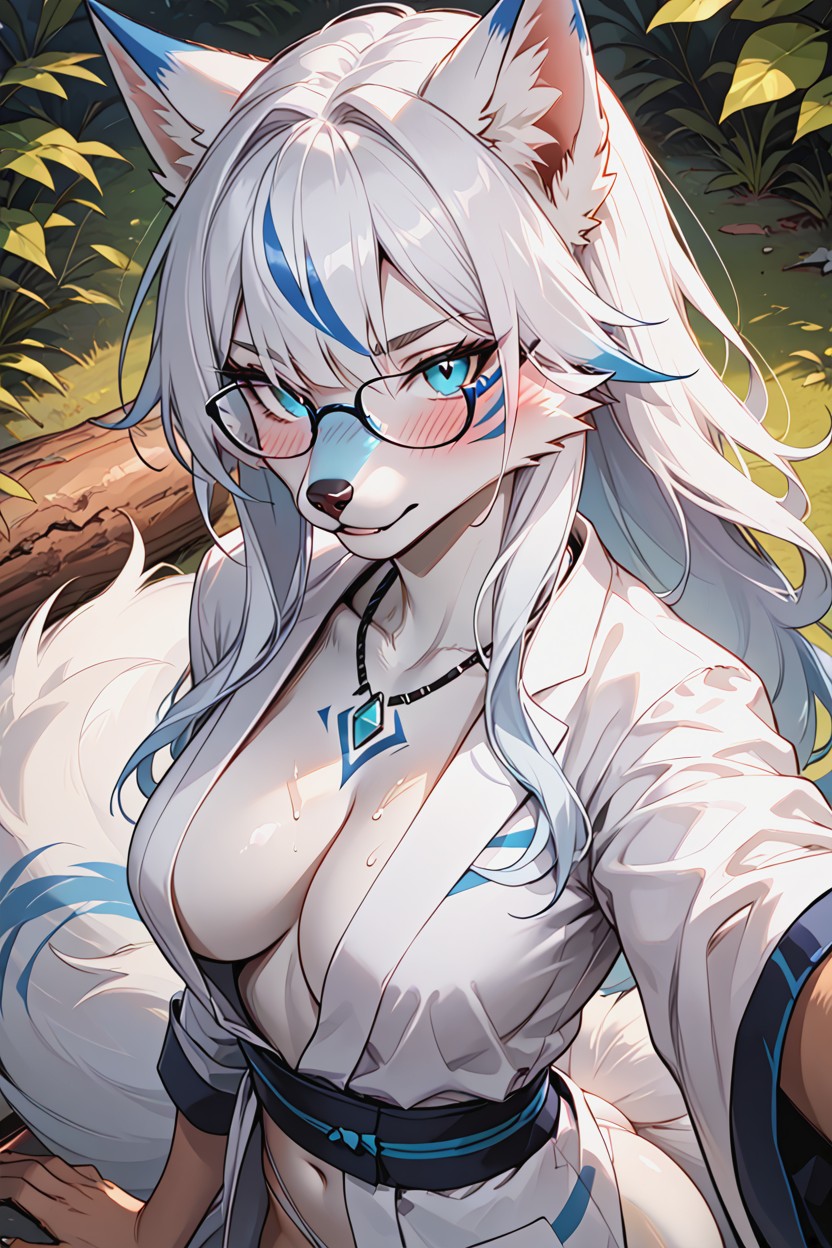 White Fur, Arms Back, Looking At Viewer Pornografia peluda com IA