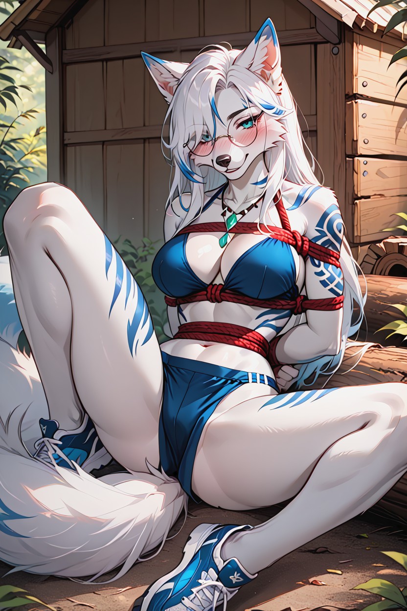 Blue Stripes Across Waist, Perfect Anatomy Body, Blushing Furry AI Porn