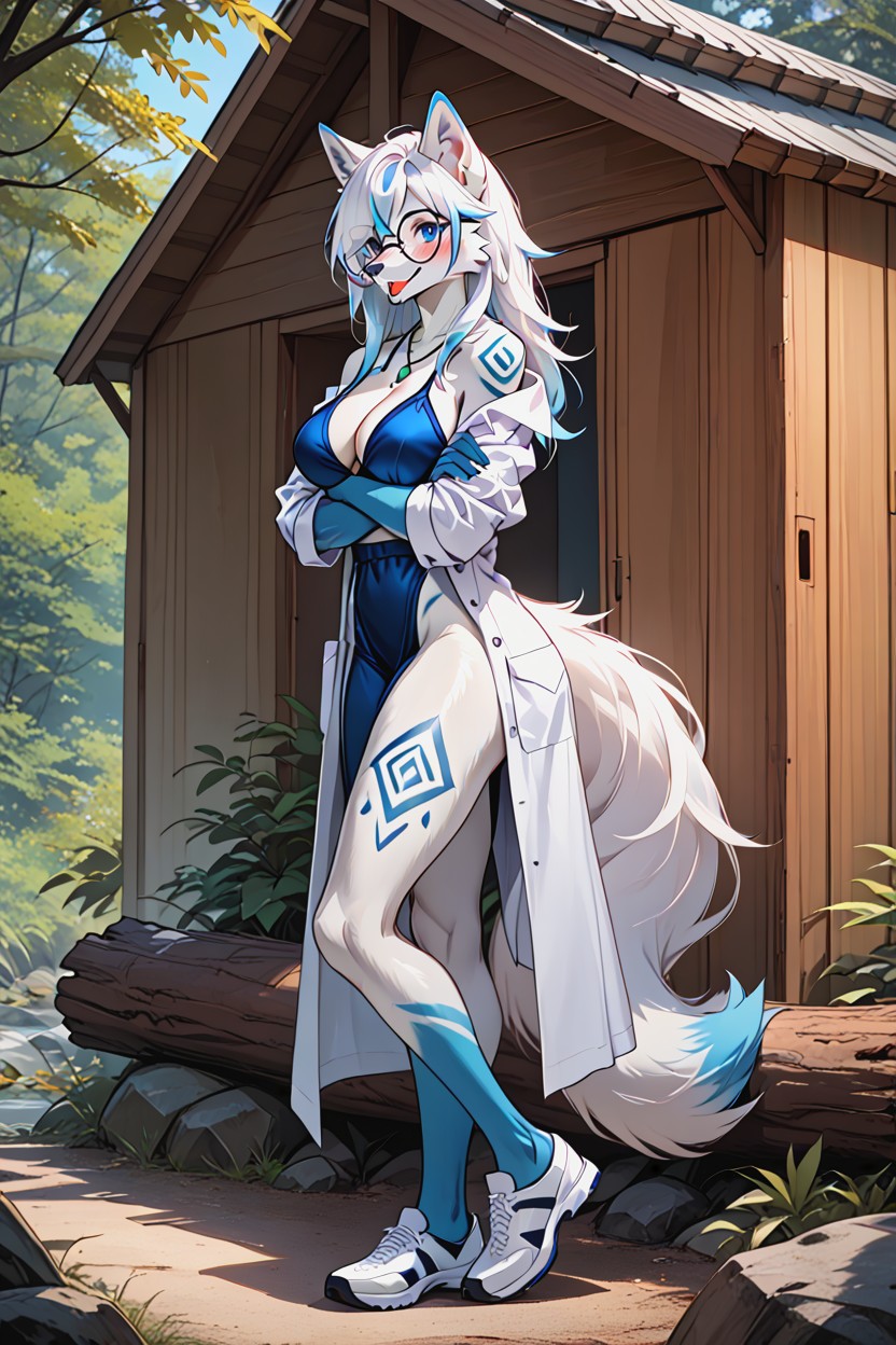 Blue Streaks In Hair, Lab Coat On Full Body, 18+ Furry AI Porn