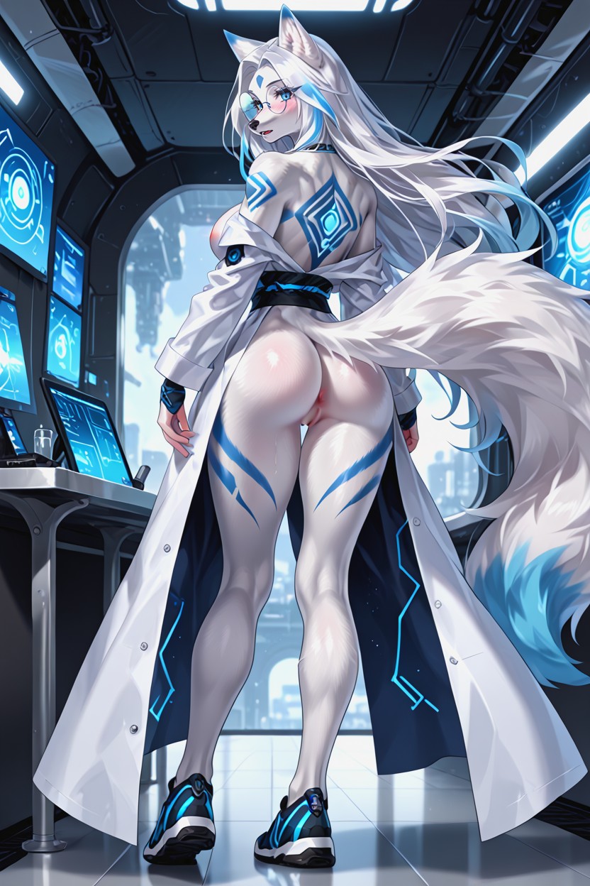 Hourglass Figure, Oiled Body, Holographic Displays Furry IA
