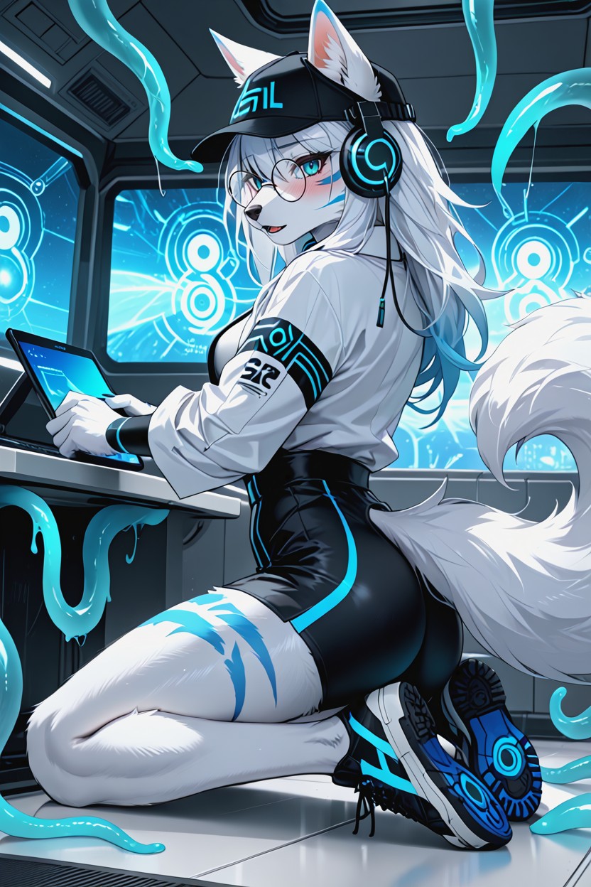Long White Hair, Suspended Down By Tentacles, Oiled Body Furry IA