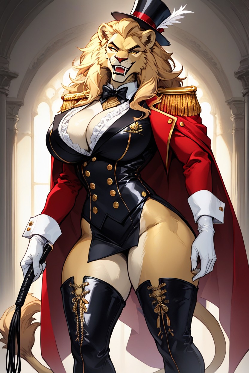 White Ruffled Shirt Collar Open, Extremely Voluptuous Body, Sharp Fangs Slightly Visible In A Confident Seductive Smirk AI兽人黄片