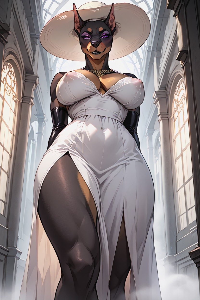 Tight White Dress, Cleavage, Doberman 兽人AI色情