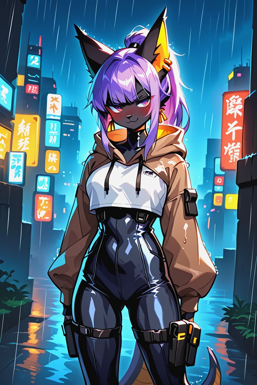 Purple Hair, Orelhas De Gato, Ponytail Pornografia peluda com IA