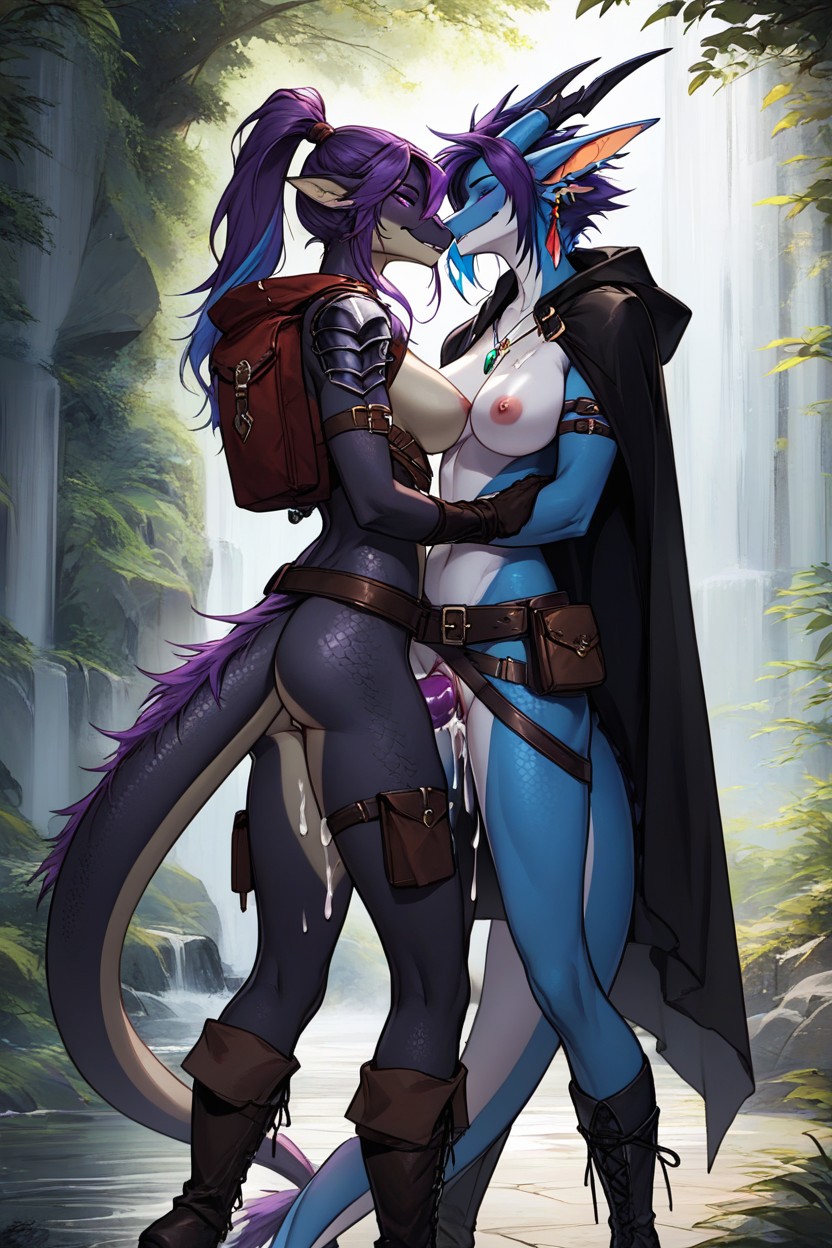 Lesbian Kissing, Bangs Over One Eye, Éjaculation Porno IA Furry
