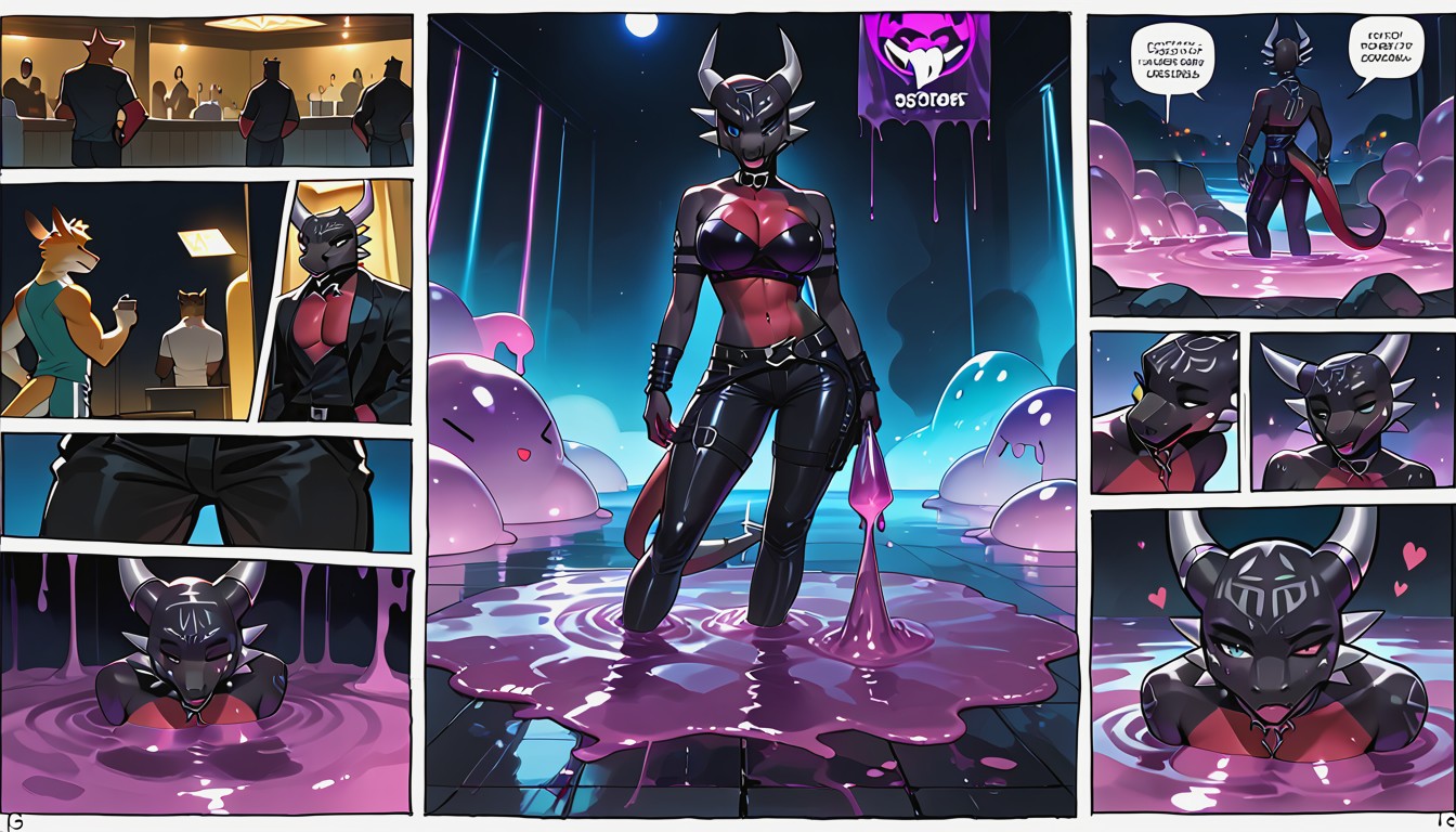Comic Panels, In-floor Dark Purple Slime Pool, Night Club Furry AI Porn