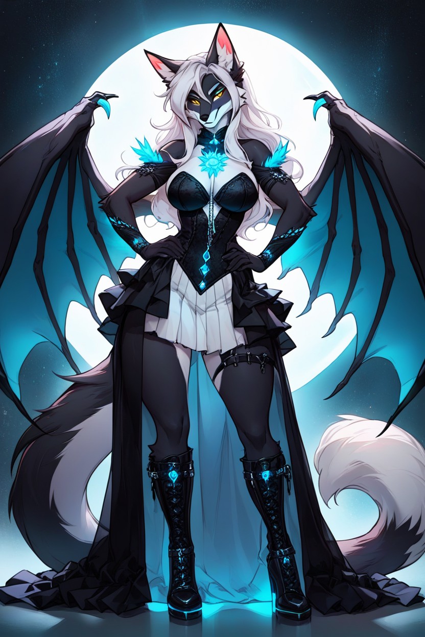 Female White Fur, Glowing Neon Blue Spirals On Body, 手搭腰 AI獸人黃片