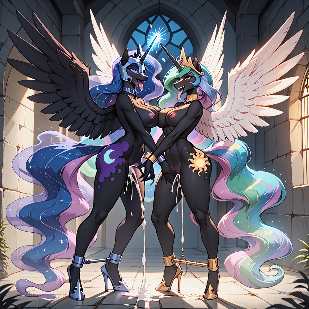 Nightmare Moon Grabbing Princess Celestia Waist, Horn, Cum Dripping From Pussy Porno IA Furry