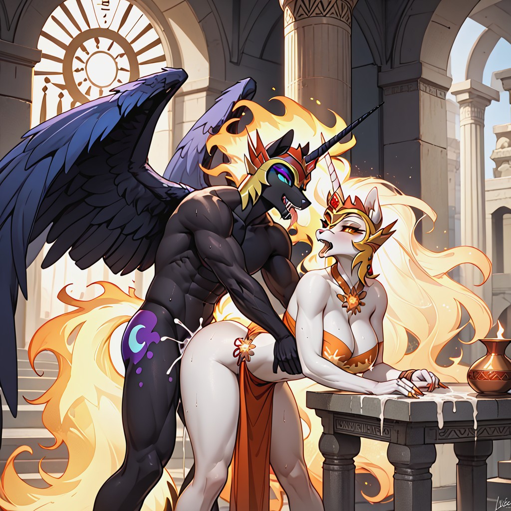 Daybraker Have White Body And Fiery Hair And Tail, Loincloth Pulling Aside, Cutiemark AI兽人黄片