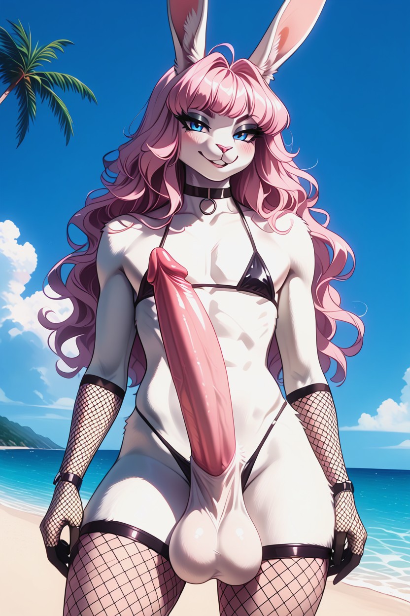 White Fur, Nip Slip, Black Bikini Furry AI Porn