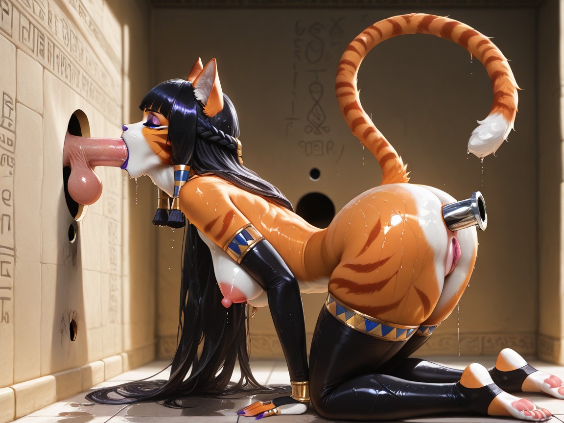 Kneeling, Egyptian Temple, Purple Lipstick Furry AI Porn