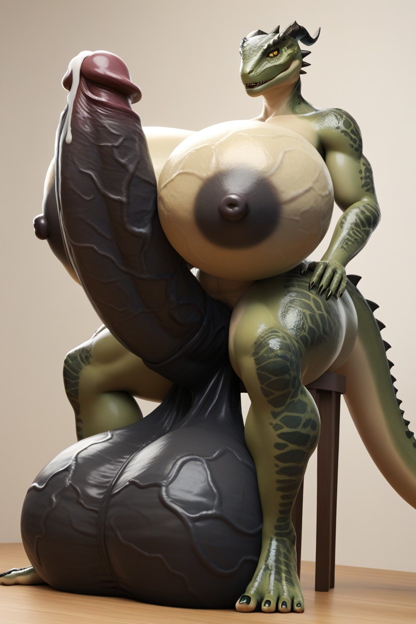 Ballbusting, Breasts Growing Bigger Than Her Body, Green Furry AI Porn